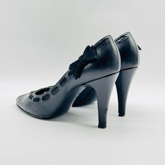 Marc Jacobs Shoes Womens 7.5 Black Velvet Patent Leather Heels Bow Peep Toe Pump - Picture 6 of 13